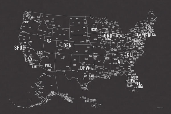 US Primary Airport Code Map Screen Print